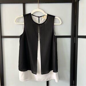 [XXS] Micheal Kors Black & Sheer Overlap Split Back Scoop Neck Blouse Tank Top